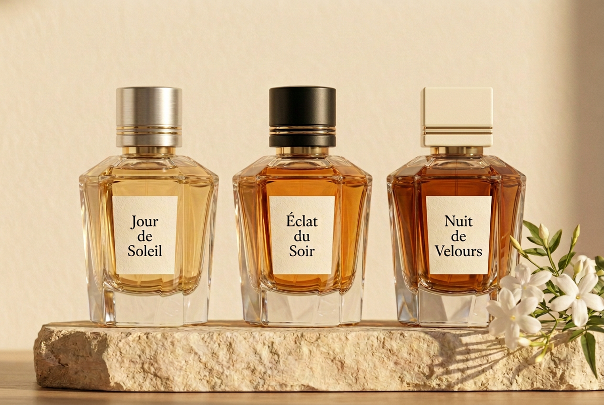 Trois parfums avec deux fines lignes dorées ajoutées aux bouchons gauche et droit