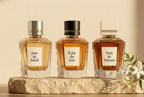 Trois parfums avec deux fines lignes dorées ajoutées aux bouchons gauche et droit
